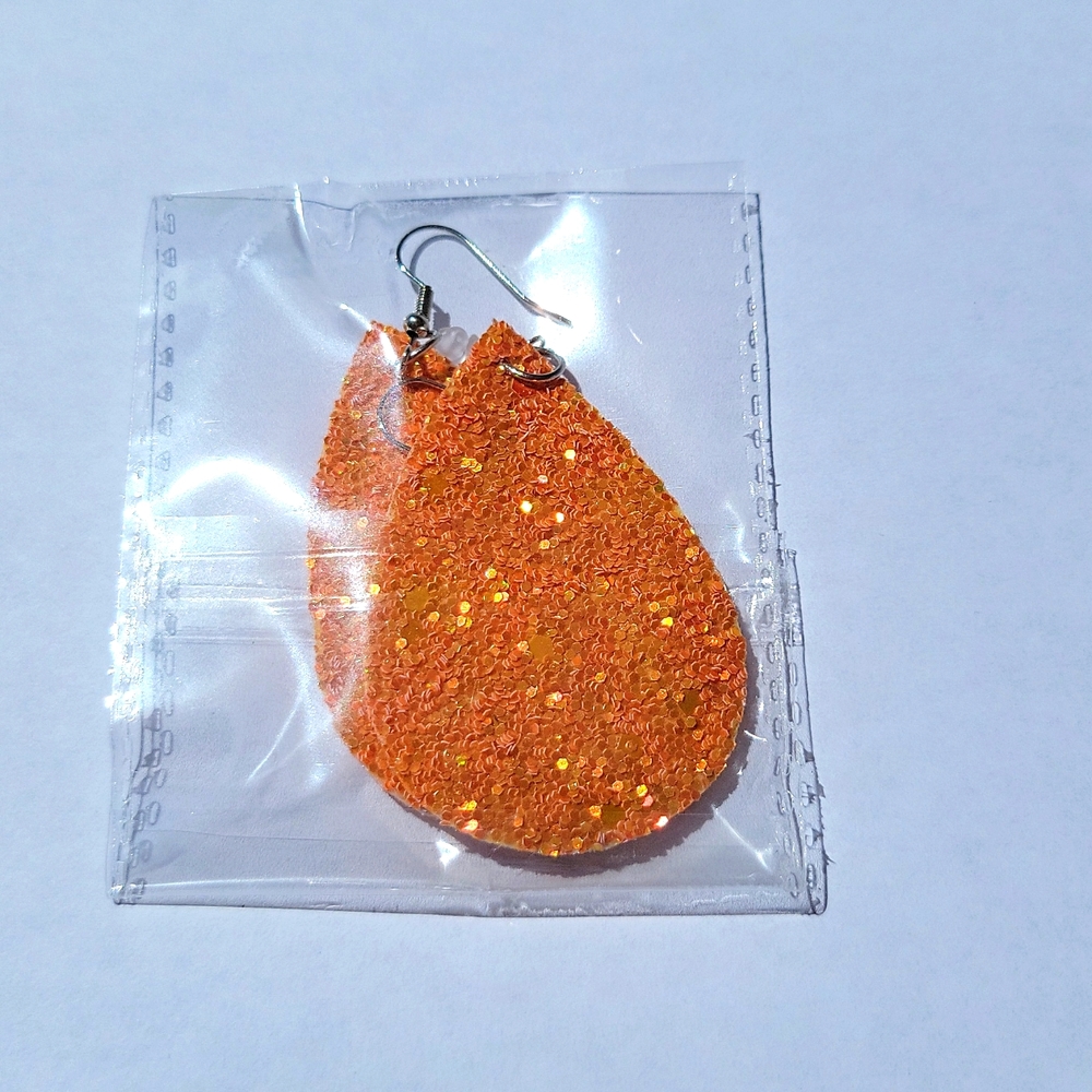 Retro Glittered Teardrop Shape Dangle Earrings Orange 2.95 Drop New - Picture 3 of 9